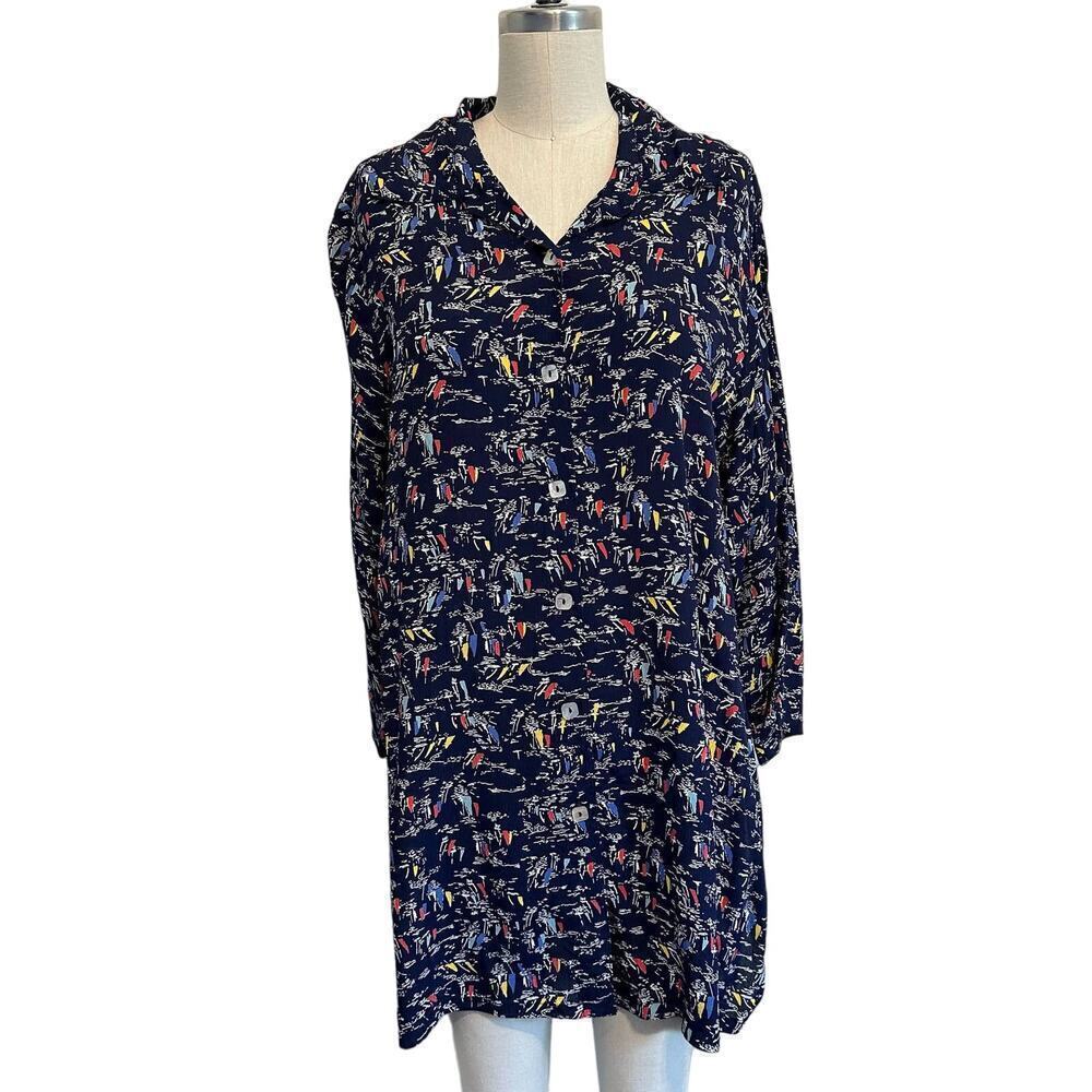 Loco Linda Navy Sailboat Button Up Frankie Flyaway Tunic Top Medium